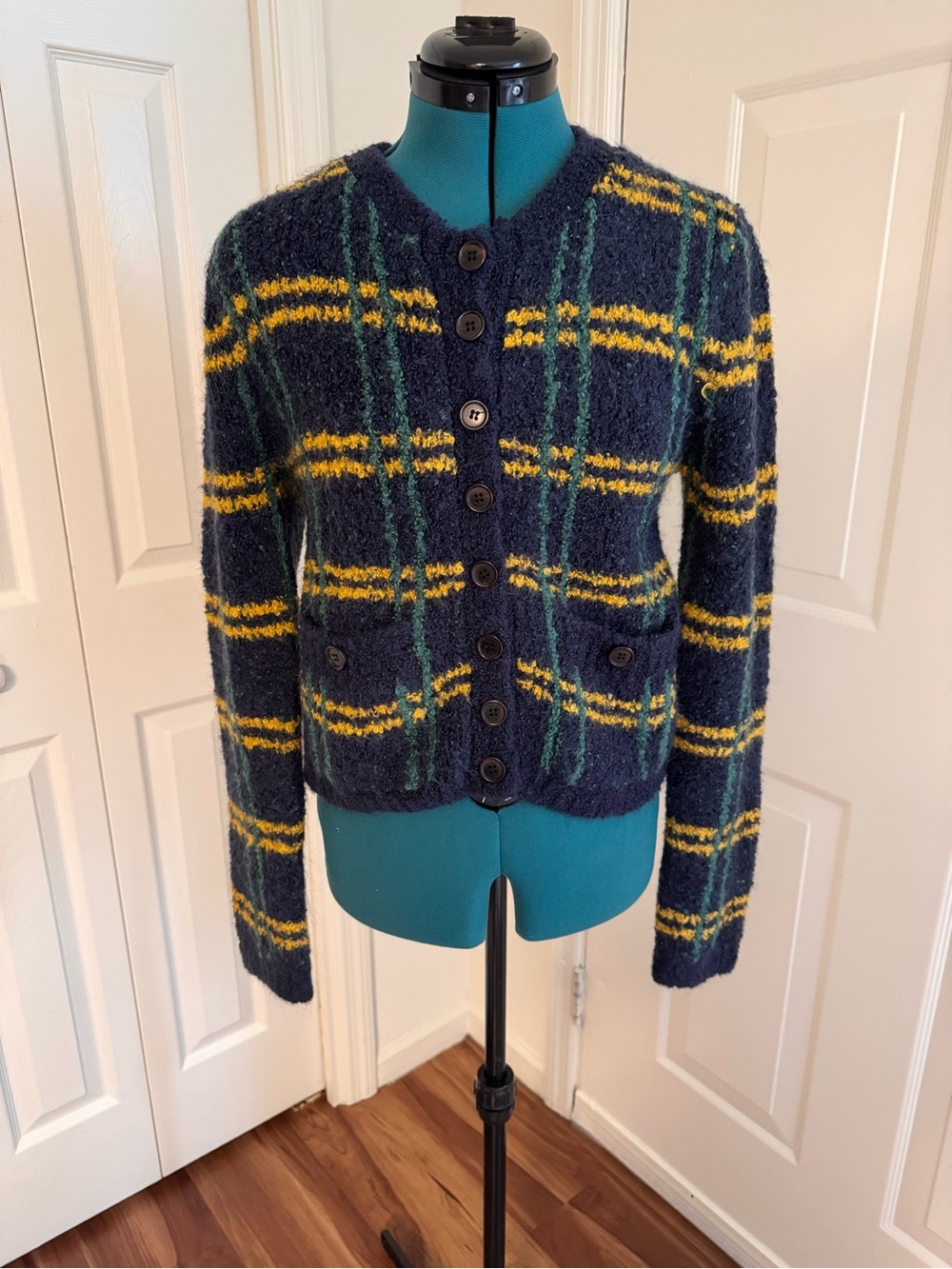 ModCloth Navy Blazer-Style Cardigan with Yellow & Green Accents